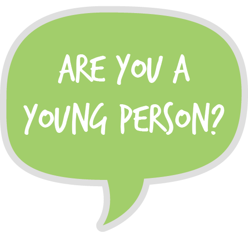 A green thought bubble that says 'Are you a young person'?