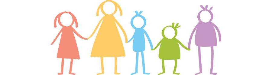 A childlike drawing of a family standing in a line holding hands, each figure a different colour