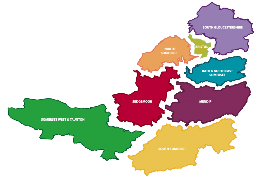 a multicoloured map of different areas of North Somerset to show where the Young Victims Service works