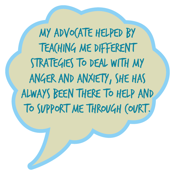 Green speech bubble with blue outline and text that reads 'my advocate helped by teaching me different strategies to deal with my anger and anxiety, she has always been there to help and to support me through court'